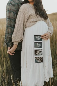 a pregnant woman in a white dress standing next to a man wearing a plaid shirt