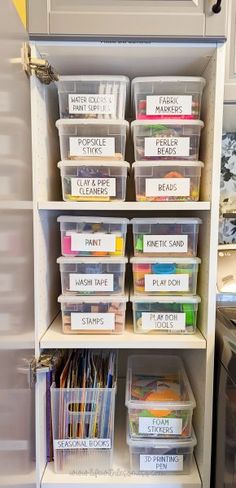 the shelves have plastic bins with labels on them and some sort of file folders