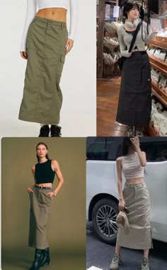 Cargo long skirt with cargo pockets #y2kfashion #cargo #aesthetic Long Maong Skirt Outfit, Long Green Cargo Skirt Outfits, Long Green Skirt Outfit Winter, Styling Cargo Skirt, Cargo Skirt Midi Outfit, Long Skirt Cargo, Midi Cargo Skirt, Cargo Skirt Style, Y2k Skirts Long