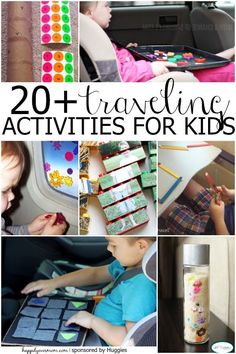 the collage shows different activities for kids to do in their cars and trucks, with text overlay that reads 20 + traveling activities for kids