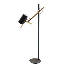 a floor lamp with a black shade on it and a wooden stick sticking out of the base