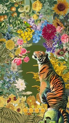 a painting of a tiger surrounded by flowers