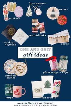 a poster with different items on it and the words, one and only gift ideas