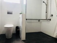 a white toilet sitting next to a walk in shower