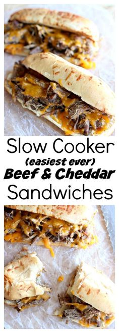 slow cooker beef and cheddar sandwiches on parchment paper with text overlay