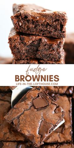 chocolate fudge brownies stacked on top of each other with the title above it