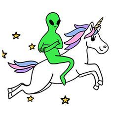 an alien riding on the back of a white horse with stars in it's tail