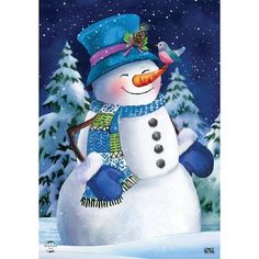 a snowman with a blue hat and scarf is standing in front of a snowy forest