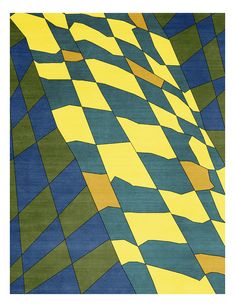 an abstract rug with blue, yellow and green squares on the bottom right hand corner