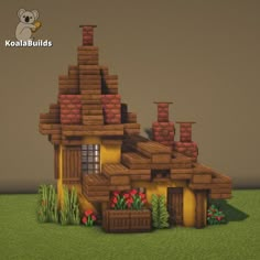 an image of a house made out of wood and bricks with flowers in the front yard