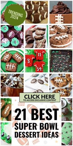 collage of football themed desserts with the words, click here to best super bowl dessert ideas