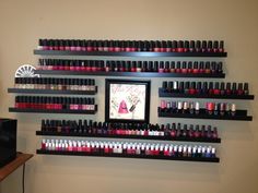 My creative Ikea "Nail Polish" rack. This is much prettier than your typical polish rack options. These are Photo Shelves in two different sizes strategically placed. www.bamboospalkn.com Salon Shelves, Nail Polish Stand, Nail Polish Rack, Nail Polish Storage