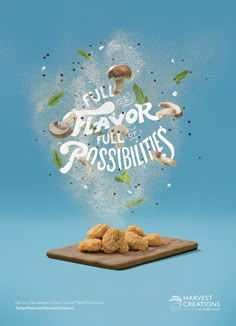 an advertisement with mushrooms and leaves flying out of the air on top of a cutting board