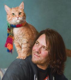 a painting of a man with a cat on his shoulders