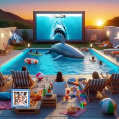 people sitting in lawn chairs around a pool watching a movie with a shark on the screen