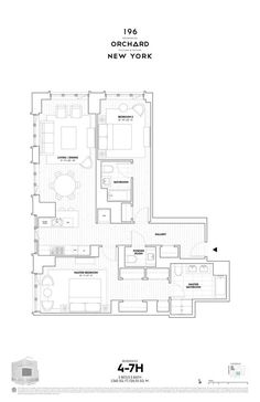 the floor plan for an apartment in new york, with one bedroom and two bathrooms