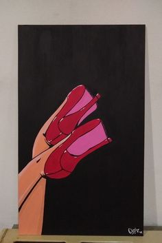 a painting of a woman's hand with red nails on her fingers, in front of a black background