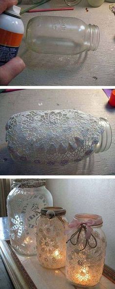 three pictures showing how to make mason jars with lights in them and the lids are empty