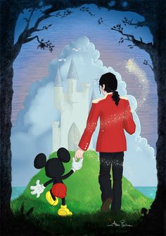 a painting of a person holding hands with a mickey mouse in front of a castle