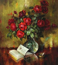 a painting of red roses in a vase with an open book