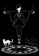 a drawing of a girl with her arms outstretched in the air and two cats nearby