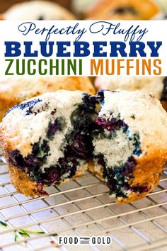 blueberry zucchini muffins on a cooling rack with text overlay