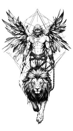 a black and white drawing of an angel holding a lion