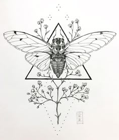 a black and white drawing of a bee on a flower with triangles in the background