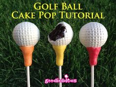 three golf ball cake pops on top of each other in the grass with text overlay