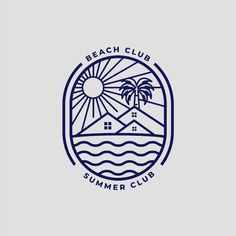 the beach club logo is shown in blue on a gray background with an image of palm trees