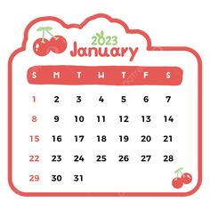 a calendar for the month of january with cherries on it, in red and white