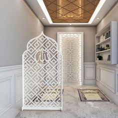 the interior of a house with white walls and decorative screens on the door, along with an area rug