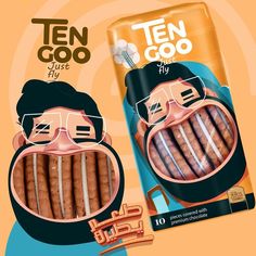 an advertisement for ten goo hotdogs featuring a man with glasses