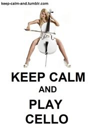 a woman holding a violin while sitting on top of a white sheet with the words keep calm and play cello