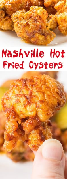 there is a hand holding some fried oysters on a white plate with the words mashville hot fried oysters above it