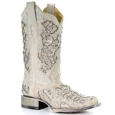 CORRAL BOOTS Boots Corral Women's White Glitter Inlay Square Toe Cowboy Boots A3397 Womens Square Toe Boots, Bride Boots, Square Toe Cowboy Boots, Cowgirl Wedding, Country Shoes, White Cowboy Boots, Leather Cowgirl Boots, Wedding Boots, Corral Boots