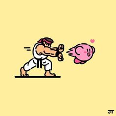 an image of a man hitting a pink pig with his head in front of him