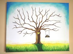 a painting of a tree with a heart hanging from it