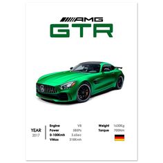 a green sports car with german flag on it's back and the words, amg gtr