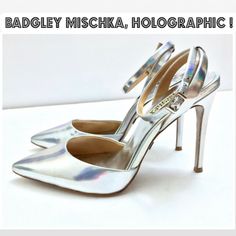 Badgley Mischka Silver Pointed Toe Heels Ankle Strap Buckle Holographic Sz 6.5 *Pre-Owned In Good Condition, Show Some Signs Normal Signs Of Wear, Please See All Photos* You'll Be Disco Ball Ready With These Bb's! Badgley Mischka Presto Pumps. Striking Holographic Leather Paired With Pointed Toe And Ankle Strap Closure, Makes These A Unique Addition To Your Daytime Look. Or Strap Them On For Your Next Date Night And Dance The Night Away! -Size 6.5 -Heel Height: 3 - 4 In. Silver Holographic, Badgley Mischka Shoes, Pointed Toe Heels, Disco Ball, Badgley Mischka, Shoes Women Heels, Ankle Strap, Date Night, Heel Height