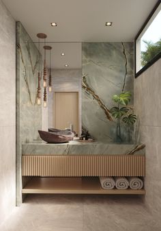 a modern bathroom with marble walls and flooring