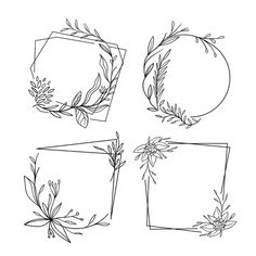 four square frames with flowers and leaves in the middle, each one drawn by hand