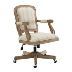 an office chair with wheels on the back and seat upholstered in beige fabric