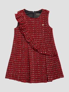 Kids' tweed dress Allover Lurex boucle fabric Rounded neckline Sleeveless Signature heart at chest Front asymmetrical ruffle and pleats Back zip closure Woven Shell: 80% Polyester, 7% Rayon, 6% Cotton, 2% Acrylic, 2% Nylon, 2% Wool, 1% Metallic Fibers. Stretch lining: 95% Polyester, 5% Elastane. Hand wash Kids Formal Dresses, Tweed Fashion, Tweed Outfit, Army Green Dress, Tweed Top, Red Sleeveless Dress, Kids Fashion Dress, Girls Red