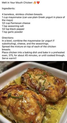 the recipe for baked chicken is shown on a white plate