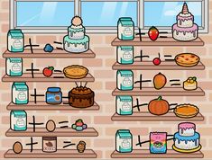 the shelves are filled with different types of cakes