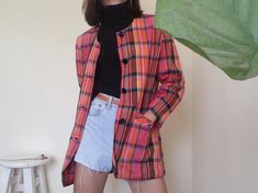 "Vintage Orange Pink Plaid Jacket - 100% Cotton fabric - Shoulder pad (removable) - Button front - Unlined - Pockets - Very good vintage condition Measurements : Shoulders : 16\" Bust : 42\" Sleeves : 21.5\" Total length : 30\" Model height : 5'6\" bust : 33\" waist : 25\" hips : 35\" Please read the policies tab before purchase. I can't have a model for clothes of all sizes, but I have already clearly written a model size. If you have questions about the size, picture, or others, please feel fr Casual Plaid Button-up Blazer, Pink Plaid Jacket, Tartan Blazer, Tartan Jacket, Cotton Dungaree, Colorful Jacket, Jacket Summer, Check Jacket, Gingham Jacket