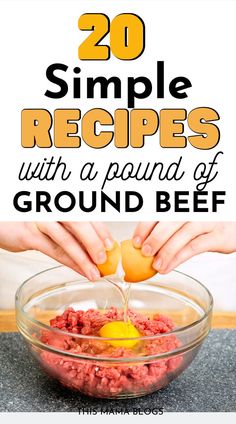 the recipe for ground beef is shown in a bowl with eggs being poured into it