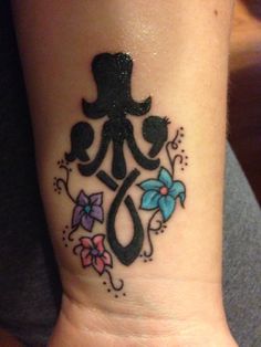 a woman's wrist with a tattoo on it that has an image of a top hat and flowers