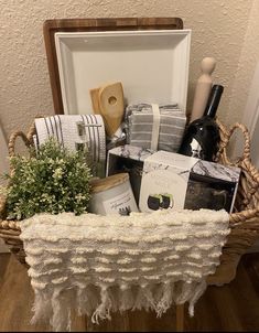 a wicker basket filled with lots of different items